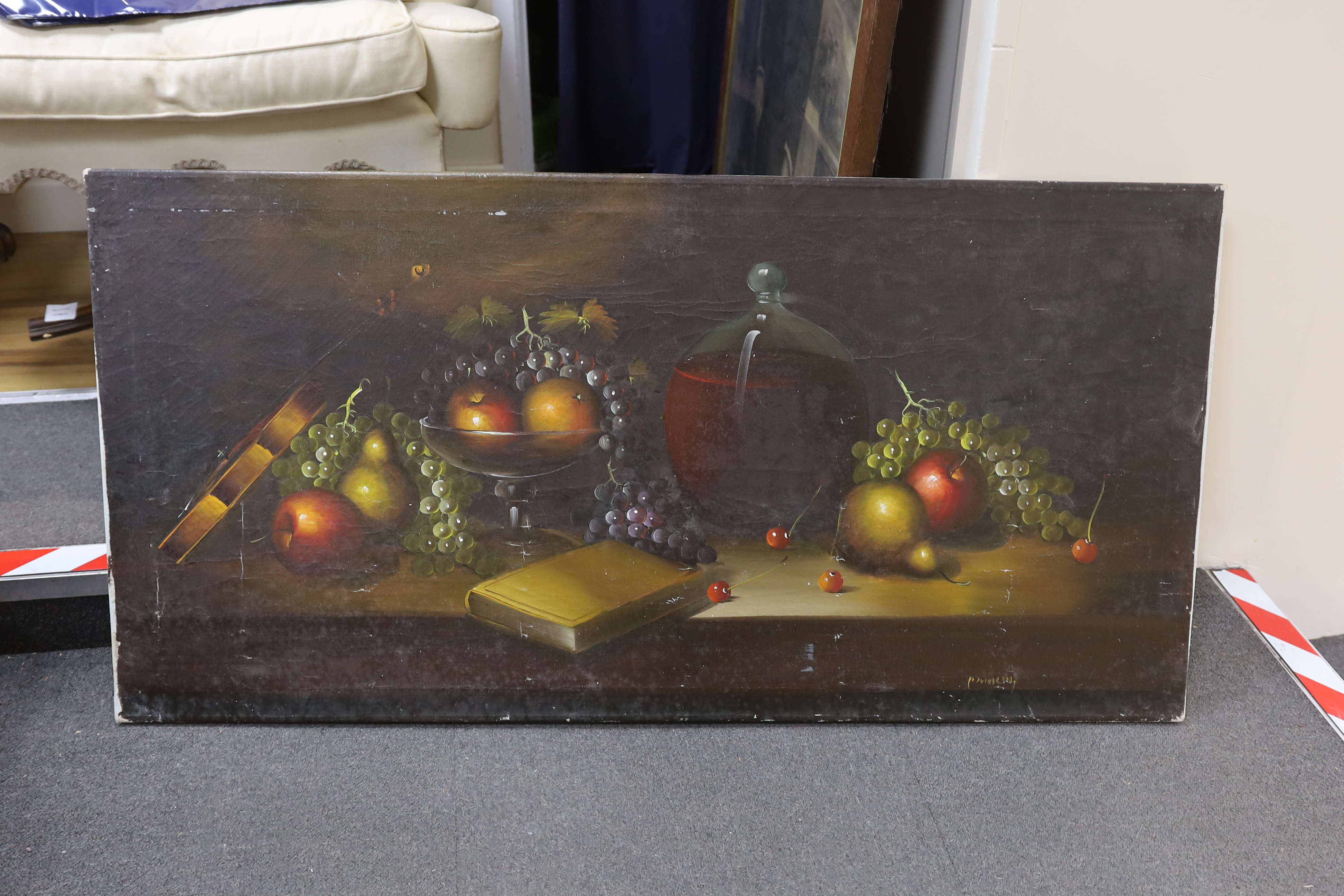 17th century Dutch style, oil on canvas, Still life of fruit and vessels, indistinctly signed, 60 x 121cm, unframed